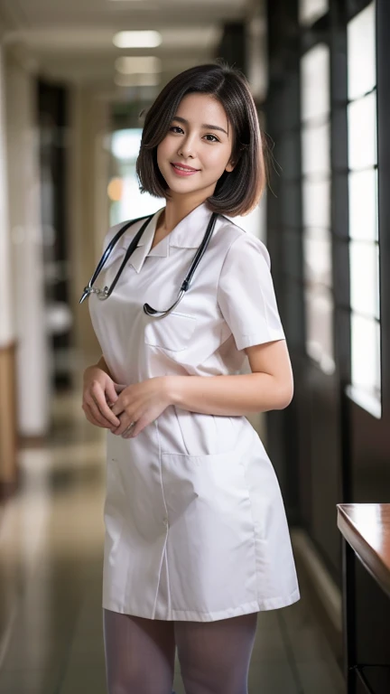 Masterpiece, top quality, high quality, high resolution, high quality textures, high quality shadows, high detail, realistic, cinematic lights, side lights, lens flares, ray tracing, sharp focus, beautiful young girl, (1girl, 21yo, solo), with black hair, one woman, elegant, tall, semi-long bob cut, nurse, hospital, wearing white nursing uniform, white uniform, (white nursing skirt, white lace pantyhose). A stethoscope is worn from the neck. Standing, slim thighs, small breasts, slim, long eyelashes, mature, white sneakers, smile, beauty, Realism, Photorealistic, 8k