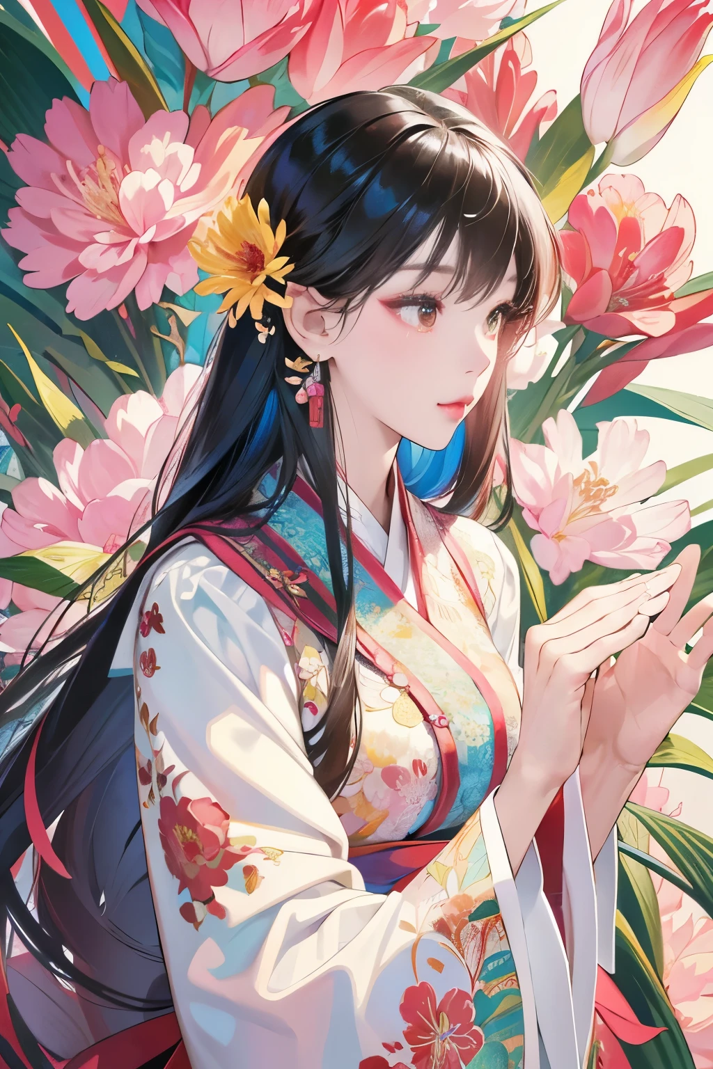 A beautiful Korean girl surrounded by a flower,  high detail,  A vibrant scene ,  emphasizes her upper body  , masterpiece :1.2,  high res, Mathematical art  ,  beautiful details :1.2,  extremely detailed ,  A dynamic scene as colorful as possible  ,  represents the beauty of fractal art  :1.3,  As complex and detailed as possible 