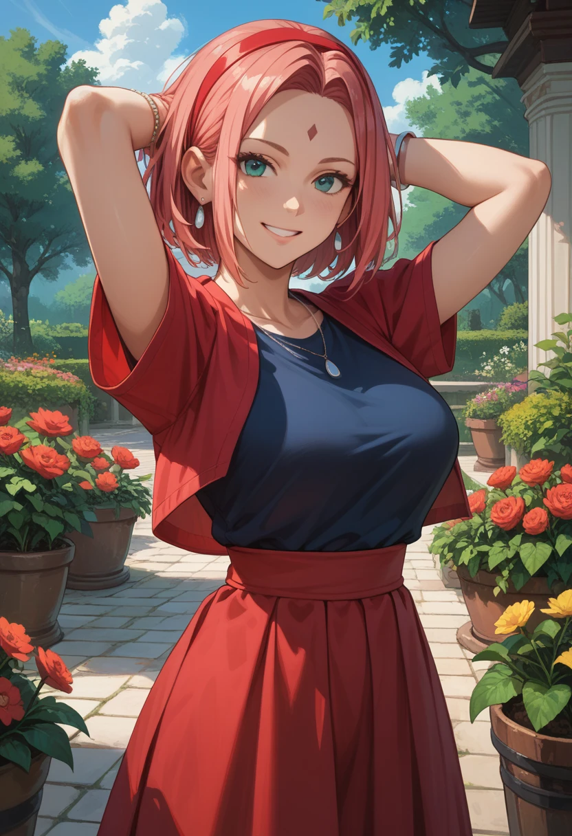 masterpiece, best quality,sharpness,absurdres ,1girl, haruno sakura,forehead mark, red hairband,, bracelet, looking at viewer, (arms behind head:1.1), smile,, middle large breasts,standing in a garden,arms behind back,closeup,