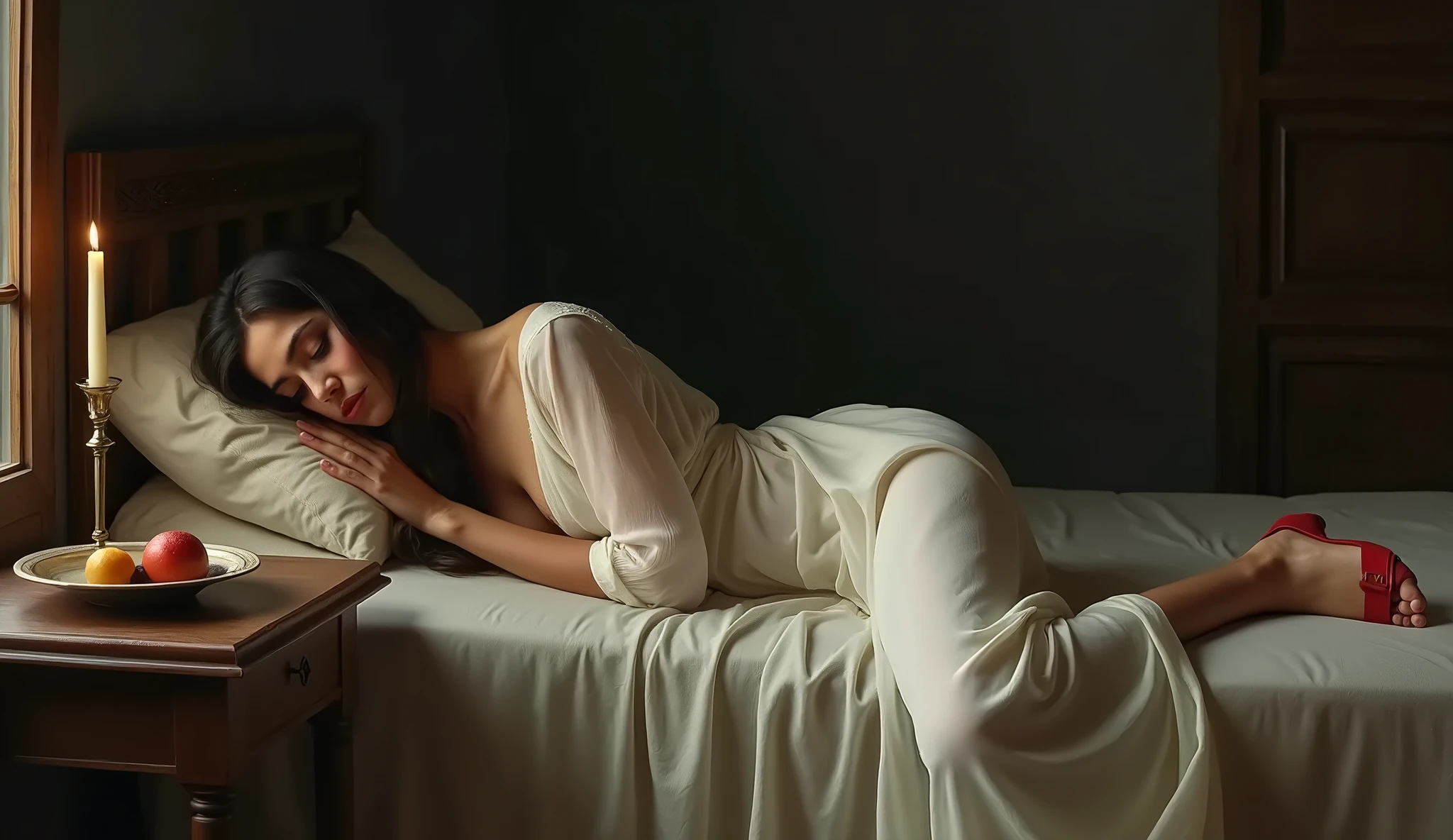 a nude low class prostitute sitting on a bed in a french hotel, large bust, d-cup, perfect nipples, trashy, long curly hair, wet, oily, eldmeisterOG style