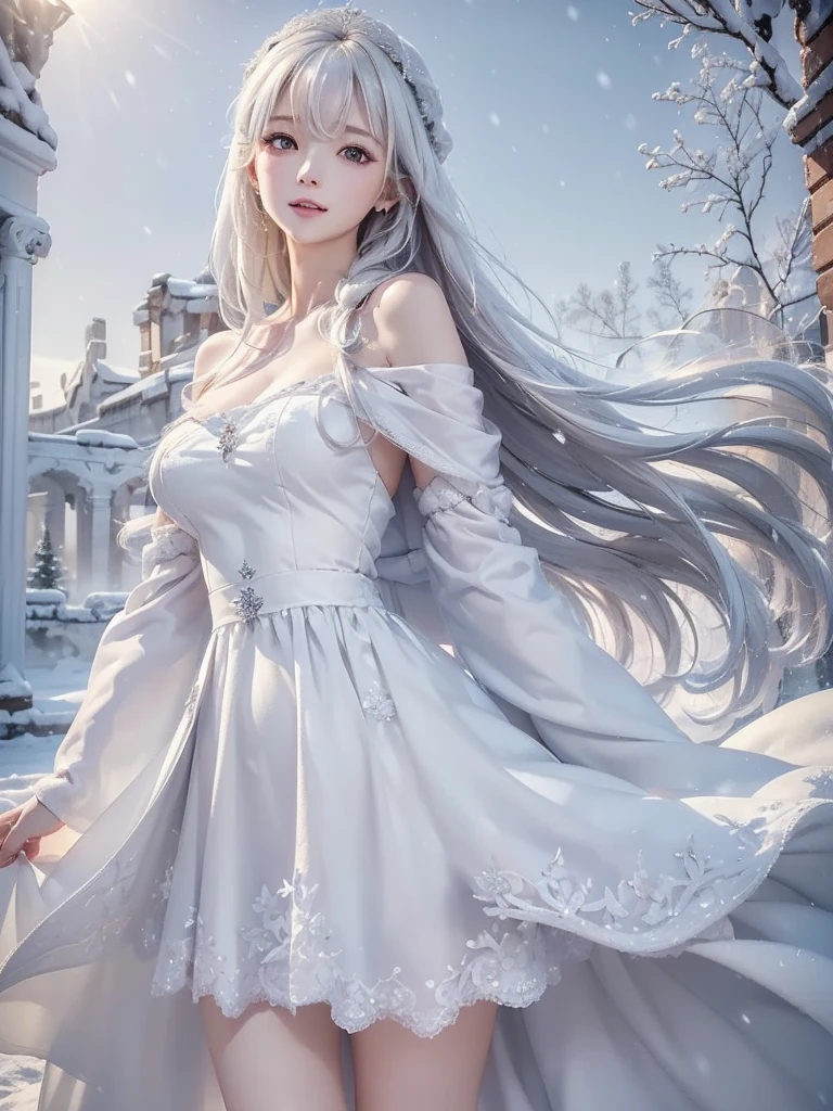 masterpiece, (highest quality: 1.2), (super fine: 1.2), figure, (very delicate and beautiful: 1.2), film angle, floating, (beautiful detail eyes: 1.1), (detail light: 1.1), film light, delicate sky, realistic:1.3, 1girl, white hair, medium breasts, winter dress and coats, outdoors, snow falling, off shoulder dress, far corts, ruins
