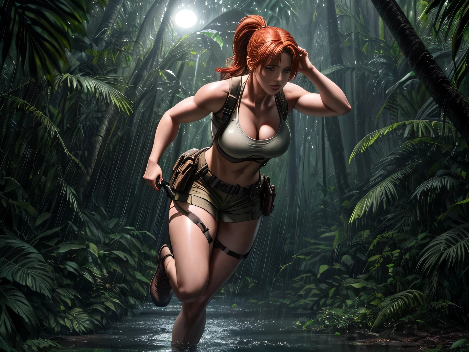 Full body Cinematic lighting Ray tracing Backlight Stunning detail Ultra detailed (8K) High resolution Pixar 3D animation style Red-haired woman with high ponytail Sleeveless white athletic crop top Beige hunter-style cargo shorts Two dual-pocket storage bags strapped to thighs (secured with nylon straps) Short leather boots Round face, pale skin, freckles Round earrings Medium chest, cleavage Small hips Running through tropical jungle at night Heavy rain, wet body, soaked clothes Moonlit night, shadows and glimmers Frightened expression (1.7) Inspired by Jurassic World (2015), Bryce Dallas Howard Dynamic shot Panic and fear in a deserted tropical jungle