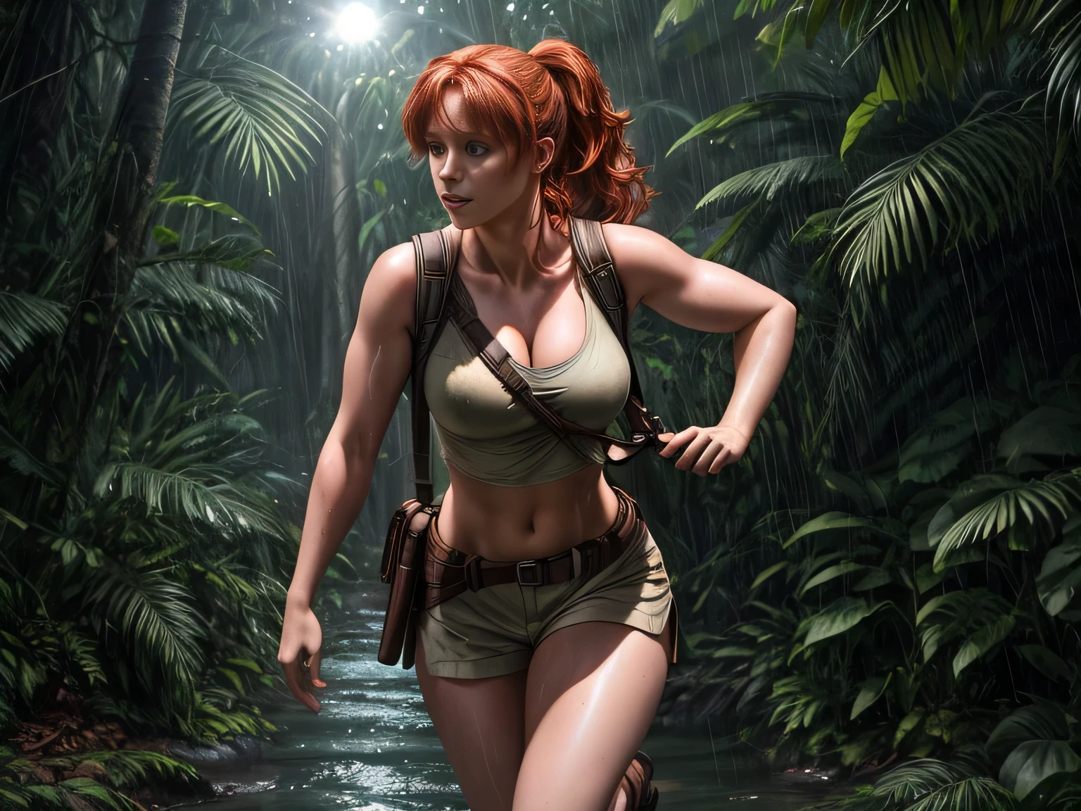 Full body Cinematic lighting Ray tracing Backlight Stunning detail Ultra detailed (8K) High resolution Pixar 3D animation style Red-haired woman with high ponytail Sleeveless white athletic crop top Beige hunter-style cargo shorts Two dual-pocket storage bags strapped to thighs (secured with nylon straps) Short leather boots Round face, pale skin, freckles Round earrings Medium chest, cleavage Small hips Running through tropical jungle at night Heavy rain, wet body, soaked clothes Moonlit night, shadows and glimmers Frightened expression (1.7) Inspired by Jurassic World (2015), Bryce Dallas Howard Dynamic shot Panic and fear in a deserted tropical jungle