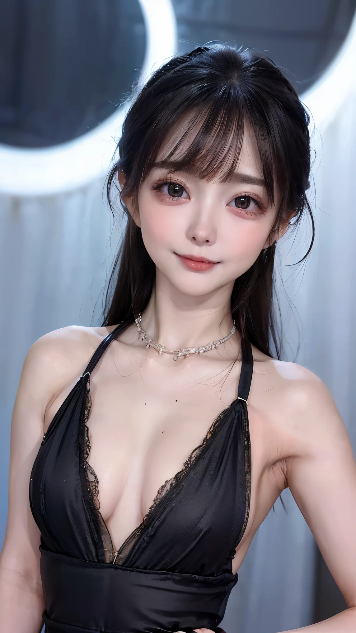 (Long bangs:1.5),(Precision:1.4),(4K quality:1.3),(Best Quality:1.5),(Whitening:1.6),( beautiful skin in NFSW:1.4),(10th Generation:1.5),(Baby Face:1.5),( the ultimate beautiful girl:1.5),(Arisa Hanyu:1.4),rich, upper body,smile,(tits:1.5),(Eros:1.6),( black bijou dress with a bold open chest:1.3),(Deep V-line without strings:1.3),( jewellery),(Super Celebrity),( Supermodel ),( Tight waist :1.4),(Night viewの良いホテル:1.1),(luxury:1.2),(Arisa Hanyu:1.5),(Anorexia:1.4),(Night view:1.3),( Closeup of Faces :1.2),Catchlight,(&#39;s face),(smile:1.1),(Half Up Hair:1.3),( bright blue eyes ),(2D cuteness:1.5),(Cute Makeup),Beautiful fingertips,( transparent white skin :1.6),(albino),(Light hits the subject:1.3),Best Shot