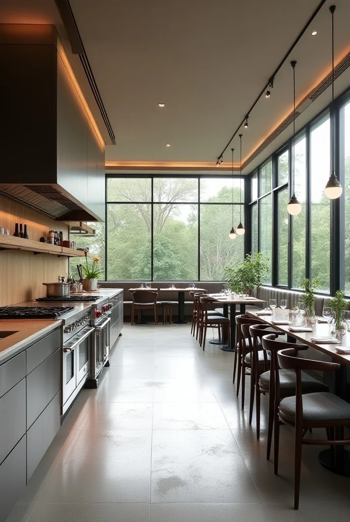 Modern and minimalist kitchen and furniture in a restaurant