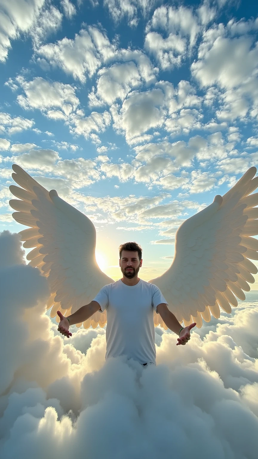 Create a hyper-realistic, cinematic image of a man with impressive, detailed angel wings, appearing ethereal and majestic as he stands amidst soft, glowing clouds. He has a serene, angelic expression and radiates a divine presence, with his wings spread wide, creating a striking visual that makes him appear as though he’s emerging from the clouds. In the background, formed naturally in the clouds, is the message 'Feliç Sant Albert,' crafted seamlessly to blend with the sky while still being legible. The sky has a soft, glowing light filtering through, adding depth and a sense of awe. The entire scene feels grand, realistic, and imbued with a peaceful, cinematic beauty, with the angelic figure standing out vividly against the dreamy, cloud-filled sky