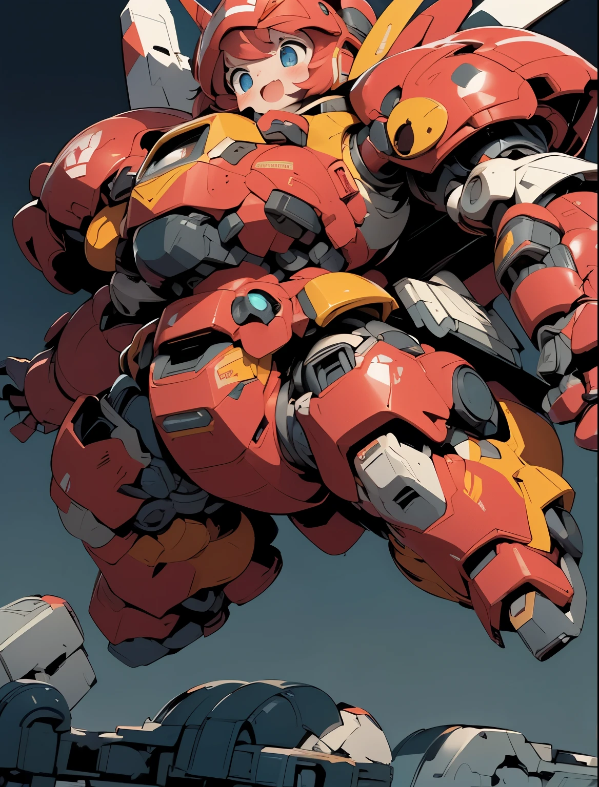 (((1 chibi girl in large red-colored robot costume, from below))), ssmile, (holding weapons), (chibi), (bulky:1.8), (((helmet:1.5))), large cute face, (((looking down:1.5))), mechanical parts, ((mechanical wings)), (full armor:1.8), (mecha armor:1.8), (shoulder guards:1.2),(huger arms), ((mechanical arms:1.5)), (short legs), (huger body:1.8), (heavy equipment:1.6), (from below), blue sky, white clouds, robot joints, becoming a mecha, mecha, (RARS), (HRS), ROBOTANIMESTYLE, BJ_Cute_Mech,cute, girl BREAK ((masterpiece)), vibrant colors, 8k, best quality, ultra detailed illustration, ((best quality)), ((high resolution)), flawless skin textures, shiny oiled skin, extremely detailed anime eyes , extreme light and shadow