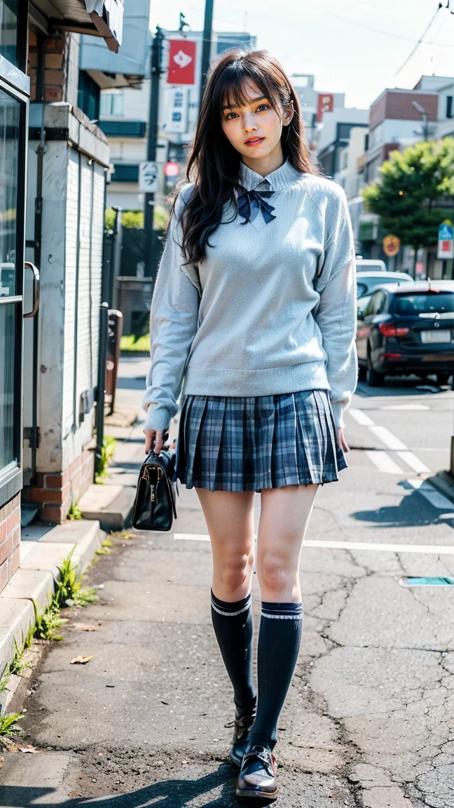 8k、（masterpiece、Best Quality:1.3）、（ very detailed:1.2）、 perfect anatomy、 Beautiful Japanese Women、18 years old、 high school students、 Healthy Thighs、 beautiful feet、Beautiful Skin、 random hair color 、 random hairstyles、Big Breasts、( Japanese high school uniform :1.3) 、 Full Body Shot 、 loafers、I have a student bag in my hand、Main Street