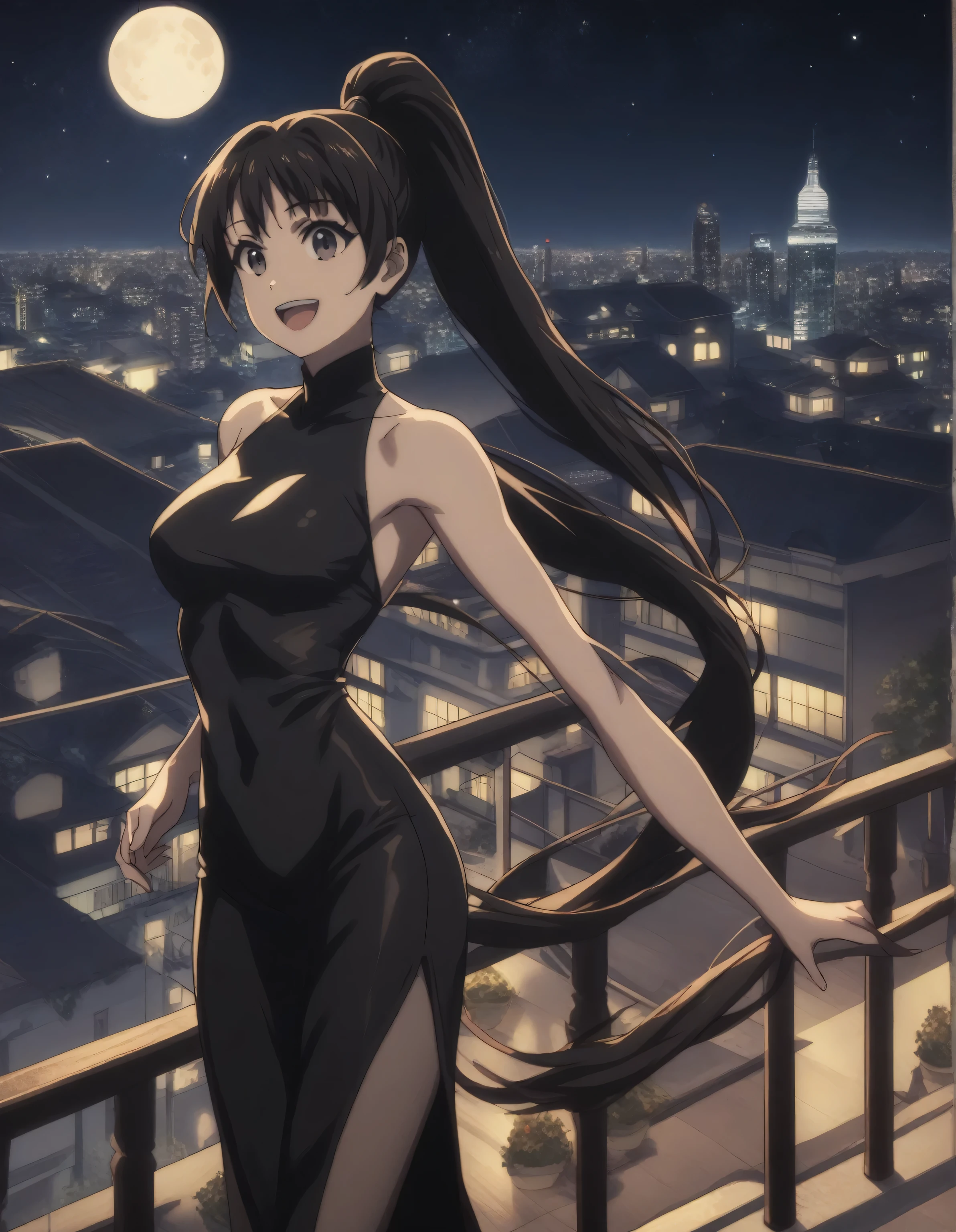 score_9, score_8_up, score_7_up, gsfghtr, long ponytail hair, black hair, thin bodycon dress, 1girl, sweet smile, open mouth, night, building balcony, balcony, city view, moon, starry sky,