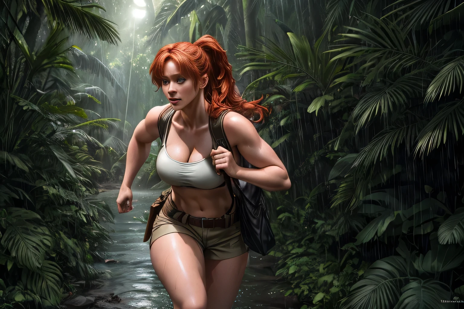 Full body Cinematic lighting Ray tracing Backlight Stunning detail Ultra detailed (8K) High resolution Pixar 3D animation style Red-haired woman with high ponytail Sleeveless white athletic crop top Beige hunter-style cargo shorts Two dual-pocket storage bags strapped to thighs (secured with nylon straps) Short leather boots Round face, pale skin, freckles Round earrings Medium chest, cleavage Small hips Running through tropical jungle at night Heavy rain, wet body, soaked clothes Moonlit night, shadows and glimmers Frightened expression (1.7) Inspired by Jurassic World (2015), Bryce Dallas Howard Dynamic shot Panic and fear in a deserted tropical jungle
