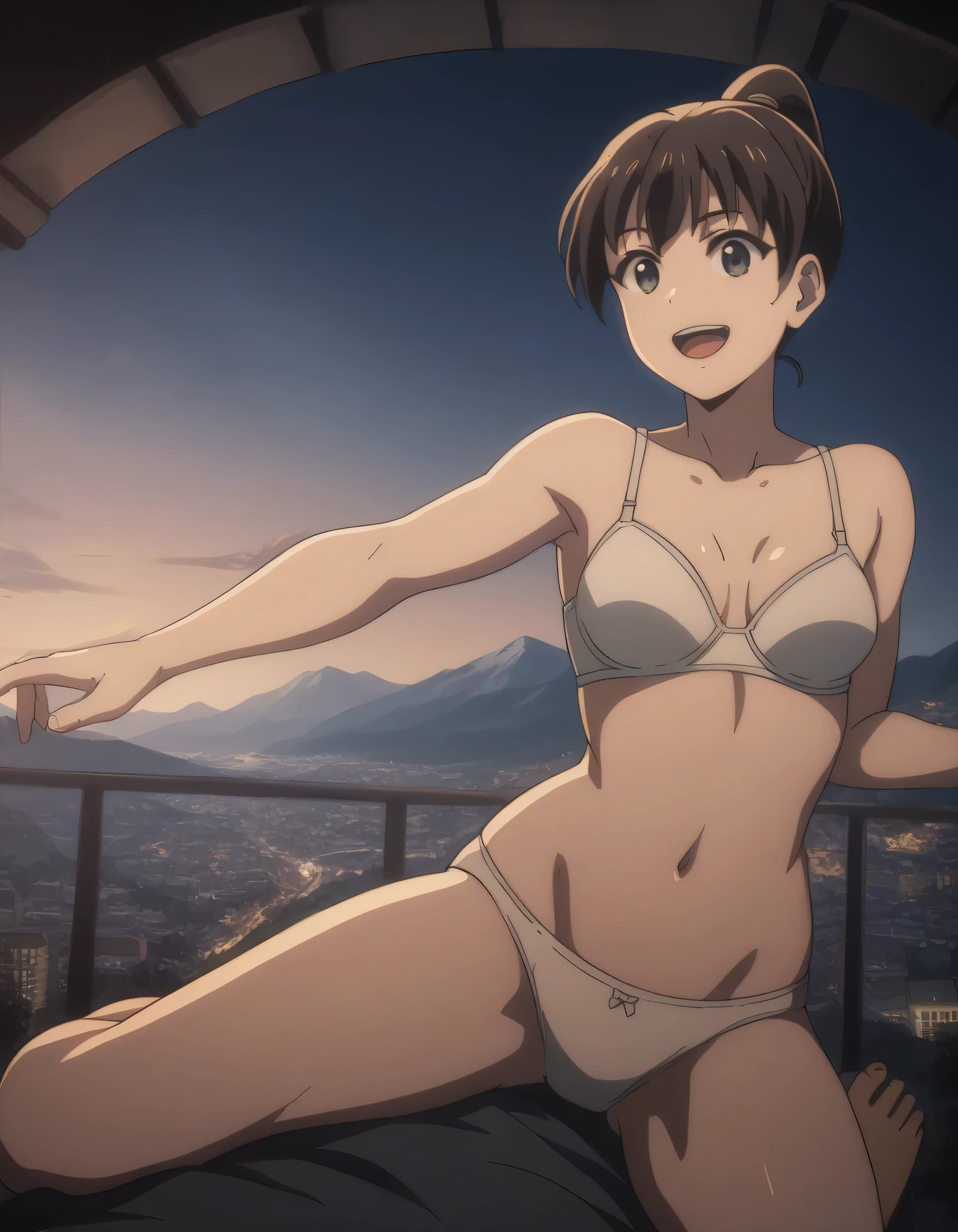 score_9, score_8_up, score_7_up, (gsfghtr), white bra, white panties, 1girl, bright, best lighting, smile, open mouth, on top of mountain, city view, blue sky