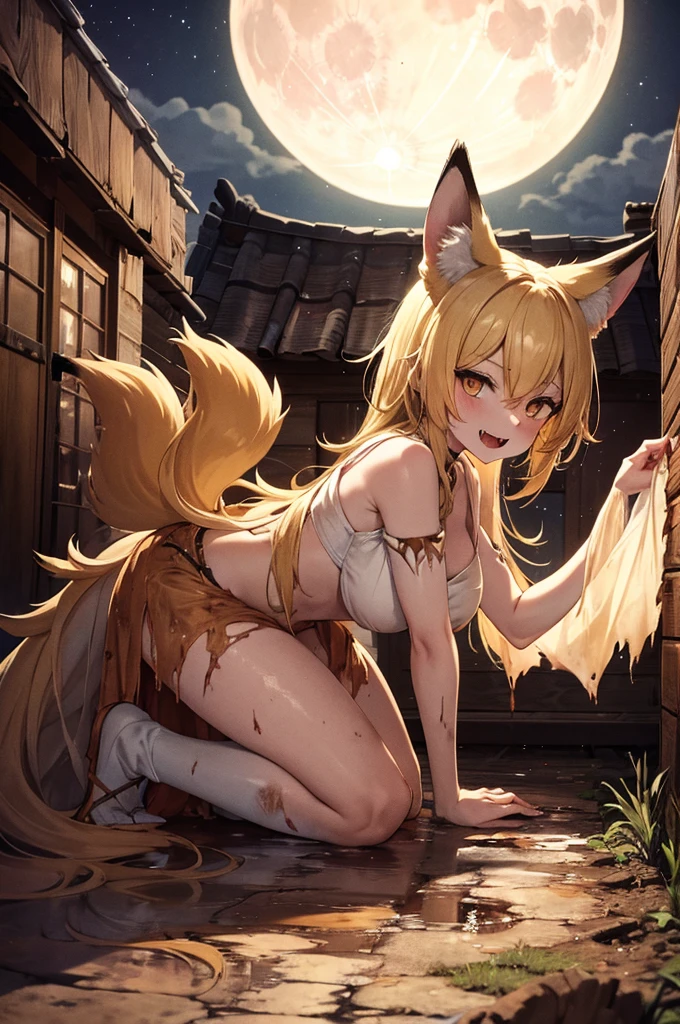 Feral blonde human-form kitsune woman, muddy, dirty, torn elegant clothes, night, behind rustic cabin, sharp fangs, in front of the moon