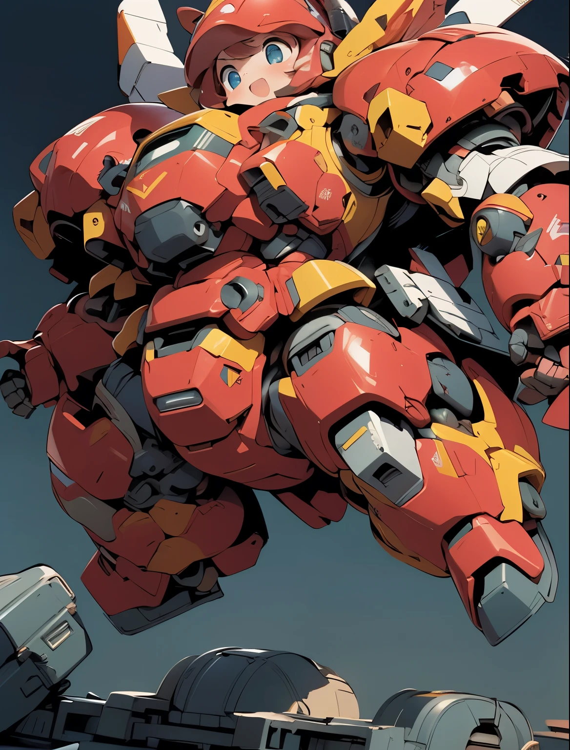 (((1 chibi girl in large red-colored robot costume, from below))), ssmile, (holding weapons), (chibi), (bulky:1.8), (((helmet:1.5))), large cute face, (((looking down:1.5))), mechanical parts, ((mechanical wings)), (full armor:1.8), (mecha armor:1.8), (shoulder guards:1.2),(huger arms), ((mechanical arms:1.5)), (short legs), (huger body:1.8), (heavy equipment:1.6), (from below), blue sky, white clouds, robot joints, becoming a mecha, mecha, (RARS), (HRS), ROBOTANIMESTYLE, BJ_Cute_Mech,cute, girl BREAK ((masterpiece)), vibrant colors, 8k, best quality, ultra detailed illustration, ((best quality)), ((high resolution)), flawless skin textures, shiny oiled skin, extremely detailed anime eyes , extreme light and shadow