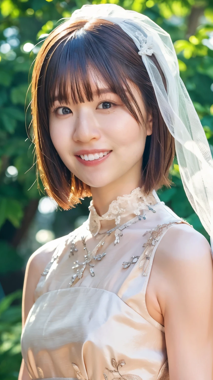 (8k RAW Photos, Best Quality, masterpiece:1.2),(Realistic,Realistic),1girl,full frontal,veil, lace elbow gloves, Short Bob,smile,cute,Small breasts,,,detailed face, detailed eyes, sophisticated nose,Looking at the camera,View from front,Chapel, wedding,