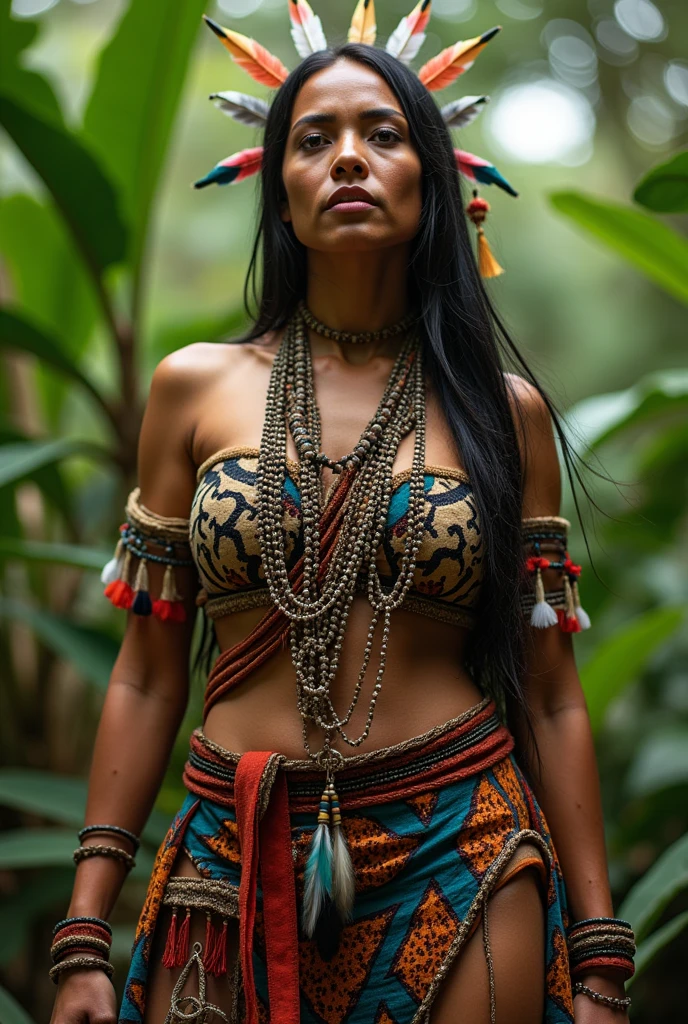 ((obra de arte, Melhor qualidade)),, st. Realistic portrait of Brazilian Shaman woman, thick figure, heavy physique, massive breast, extremely gorgeous, beautiful, corpo inteiro, frontal, ancestralidade, indigenous ,fotografia antiga, Kodak com estilo, floresta tropical, luz dourada, contraluz intenso dourado, atmosfera mistica, birds, flores ao redor , epic royal background, large uncut royal headdress, joias reais, robotic, Natureza, Tiro certeiro, symmetrical, Greg Rutkowski, Charlie Bowater, Besouro, Irreal 5, hiperrealista, dynamic lighting, arte de fantasia, Estilo Susan Seddon Boulet, 8k, Ultra detalhe, preto e branco ainda, arte digital, Perfect composition, linda, detalhada, intrincada, insanamente detalhada, octane rendering trend in artstation, 8k art photography, arte conceitual fotorrealista, soft natural volumetric cinematic perfect light, Claro-escuro, fotografia premiada, obra de arte, oil on canvas, Rafael, caravaggio, Greg Rutkowski, Besouro, Beksinski, Giger, preto e branco ainda, arte digital, Perfect composition, linda, detalhada, intrincada, insanamente detalhada, octane rendering trend in artstation, 8k art photography, arte conceitual fotorrealista, soft natural volumetric cinematic perfect light, Claro-escuro, fotografia premiada, obra de arte, oil on canvas, Rafael, caravaggio, Greg Rutkowski, Besouro, Beksinski, Giger)
