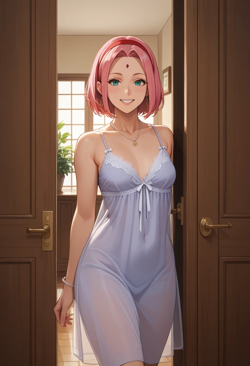 masterpiece, best quality,sharpness,absurdres ,1girl, milf, mature female, haruno sakura, forehead mark, red hairband,, pink hair, bracelet, necklace, smile,, small breasts, standing in a doorway, open door, night time, wearing transparent nightgown