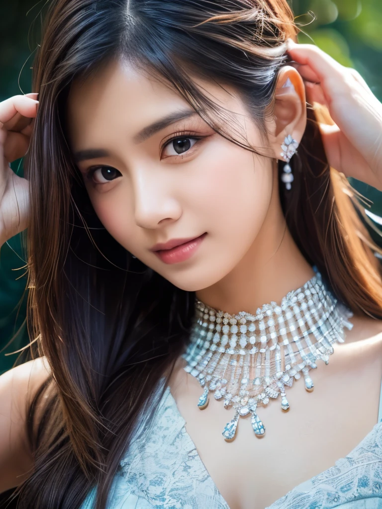 8k, Tabletop, RAW Photos, highest quality, Realistic, Highly detailed CG Unity 8k wallpaper, Depth of the written border, Cinematic Light, Lens flare, Ray Tracing, (Very beautiful face, Beautiful Lips, Beautiful Eyes), Intricately detailed faces, ((ultra high density skin)) 1 girl, In the Dark, Deep Shadow, Cute Korean Girl, ((Looking at the audience)),(Captivating smile), (Blurred Background), Earrings, bracelet, necklace, Clear Eyes, Bedroom, Front shot, (White skin), I'm looking forward to, (Big eyes), ((Upper Body Shot)), ((Lace dress、corset)), (Camel Toe, shape), (ponytail), (Big Breasts:1.5), ((Camel Toe)),