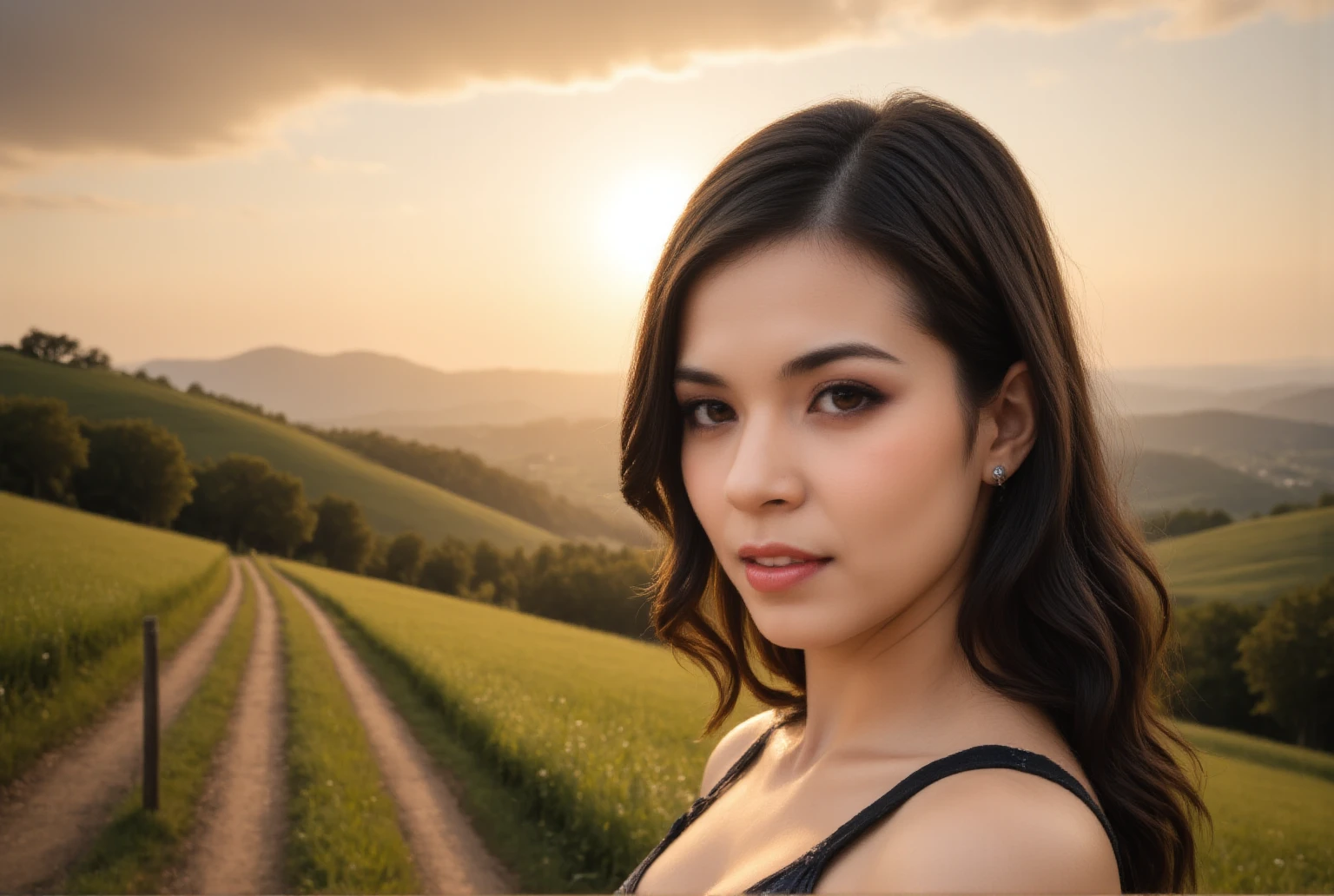 (Realisticity: 1.3), Fine, Quality, Rembrandt Lighting, (Masterpiece: 1.2), (Realisticity: 1.2), (Best Quality), (Skin Details: 1.3), (Intricate Detail), Dramatic, Idyllic, Ray Tracing, 1girl, Chinese Yellow Girl, Long Black Hair, 24 years old, Modern Clothing (Meadow, Sun, Clouds, Fields, Farms, Starlight, Trails)  