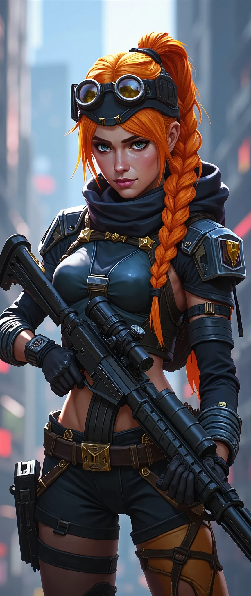 (masterpiece:1.2,Outstanding quality,Mirror finish, Cinematic Experience , best illustration ,Super detailed),16k,wallpaper,(1 female),( game character design:2.0),(League of Legends:2.0),(Caitlin style :2.0),(Orange Hair:2.0),(NEW CHARACTERS:2.0),(NEW SKIN :2.0),(Magical SWAT outfits in cyberpunk:2.0),( Tactical Body Armor :2.0),( TACTICAL HELMET :2.0),( TACTICAL GLOVES :2.0),( Sniper Rifle:2.0),( The background is a cyberpunk crime city:2.0),( dynamic:2.0),( detailed hands:2.0),( detailed face:2.0),(whole body:2.0)@nekohouse@nekohouse@nekohouse