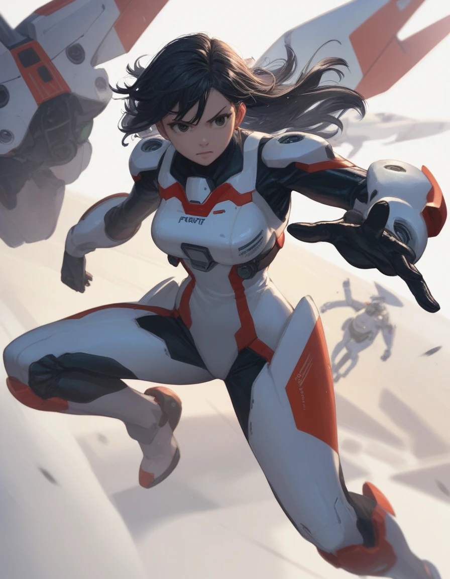 Tsuzaki,  Black Hair ,
 pilot suit,
 1 girl, Confident, Power Pose, Green, Mecha,  score_9,  score_8_up,  score_7_up,  score_6_up,  score_5_up,  score_4_up