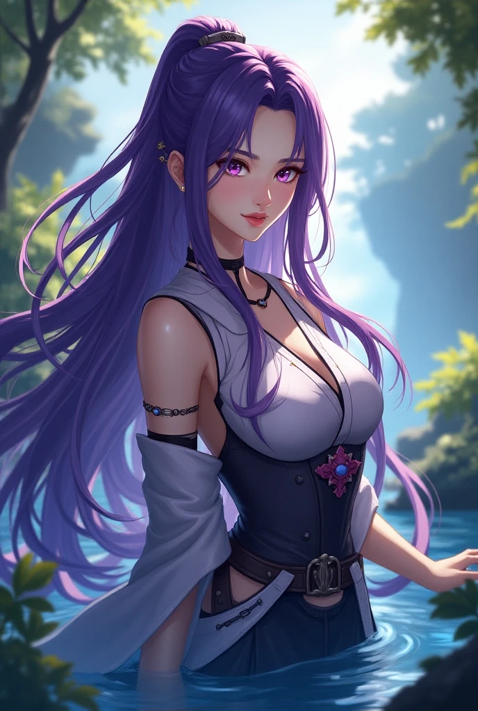(masterpiece, best quality, ultra detailed, beautiful illustration), (oil painting:1.4), atmospheric perspective, (peaceful atmosphere, elaborate atmosphere:1.4), depth of field, looking at viewer, beautiful detailed eyes, (nice hands, perfect hands, anatomically correct hands), <lora:abigail:0.6>, portrait, close-up, 1girl, (huge breasts:1.2), anime eyes, abigail, purple hair, aqua eyes, hair ribbon, long hair, (sleeveless purple jacket), cleavage, boots, shorts, black leggings, belt, outdoors, spring, flowers, rural village, warm smile