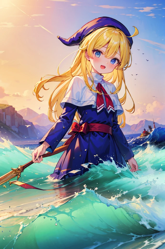 (8k,  super quality, masterpiece:1.2),  ultra high resolution, cute,  girl, solo, whole body, Puyo Puyo's witch, Blonde, Blue Eyes , blue headwear ,  blue based robe,  red ribbon,  White Capelet , Ahoge,  long skirt , sea, Wave like a  , Bright smile,  innocent face ,  open your mouth, soaked, whole bodyに水滴,  I'm soaked up to my chest, Damp , 