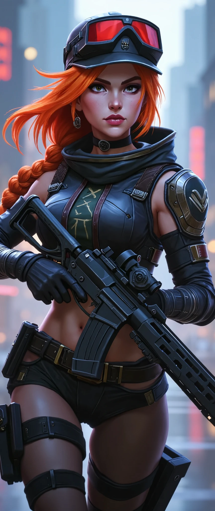 (masterpiece:1.2,Outstanding quality,Mirror finish, Cinematic Experience , best illustration ,Super detailed),16k,wallpaper,(1 female),( game character design:2.0),(League of Legends:2.0),(Caitlin style :2.0),(Orange Hair:2.0),( new character:2.0),(NEW SKIN :2.0),(Magical SWAT outfits in cyberpunk:2.0),( Tactical Body Armor :2.0),( TACTICAL HELMET :2.0),( TACTICAL GLOVES :2.0),( Sniper Rifle:2.0),( The background is a cyberpunk crime city:2.0),( dynamic:2.0),( detailed hands:2.0),( detailed face:2.0),(whole body:2.0)@nekohouse@nekohouse@nekohouse