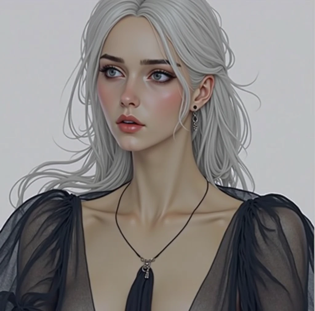 a beautiful busty goth princess woman,corset,white hair,dark mascara,long lashes, white eyes, tattoo,black short bangs,curly hair,(best quality,4k,8k,highres,masterpiece:1.2),ultra-detailed,(realistic,photorealistic,photo-realistic:1.37),portrait,chiaroscuro lighting,dramatic lighting,dark moody colors,dramatic colors