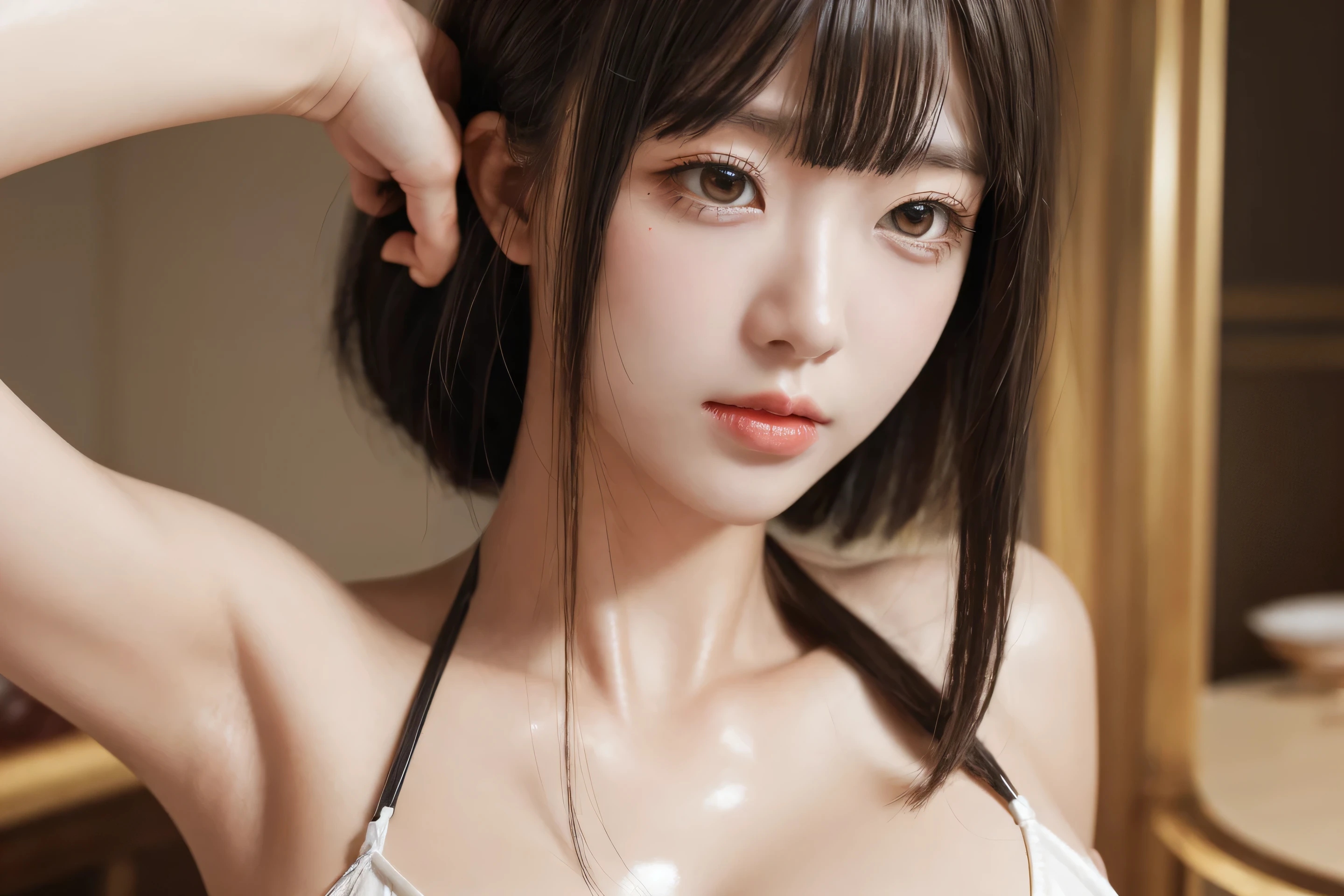 (8k, RAW photo, best quality, masterpiece:1.2), yjnn, 1girl, 3 d, asian, bangs,shorthair bare_shoulders, bow, chest, brown_eyes, brown_hair, grey_background, lips, long_hair, long_sleeves, looking_at_viewer, medium_ breasts, nose, off_shoulder, open_clothes, open_shirt,nipple,