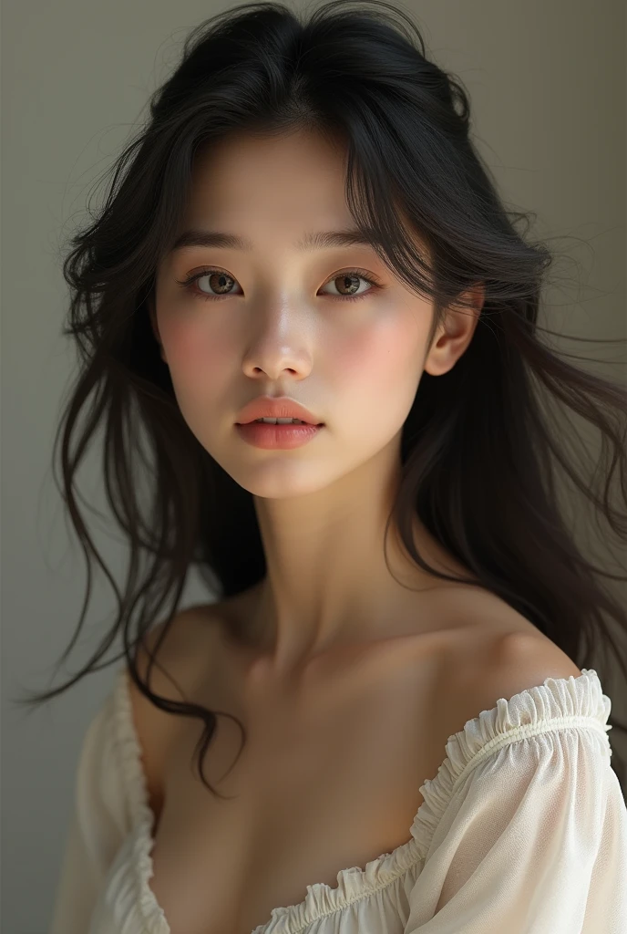 {8K}, Best quality, Masterpiece, {超高分辨率}, Slender body, Medium breasts,Side breasts，cropped shoulders，Strapless clothing， {Short wavy hair}, intricate elegant, Detailed, ometric by greg rutkowski and alphonse mucha, Gradient lighting, Perfect ligthing, Detailed beautiful delicate face, Detailed beautiful delicate eyes, 
liuyifei, 1girl, solo, realistic, upper body, looking at viewer, simple background,