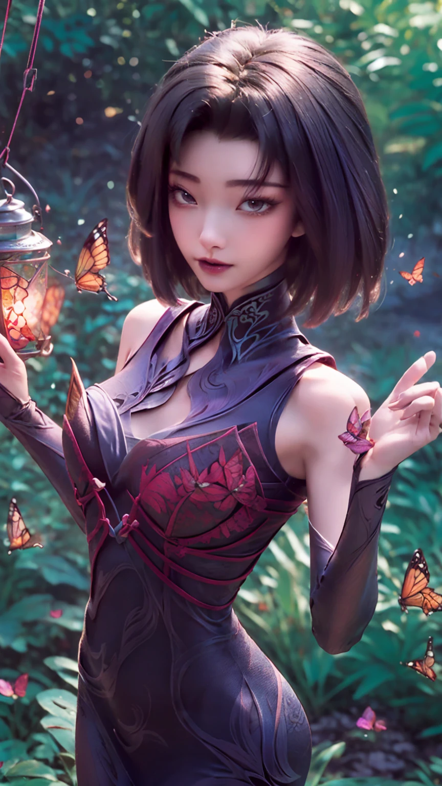 short hair, butterfly in hair, butterflies, lantern of butterflies, thin physique, beautiful face, beautiful body, breasts, waist, top view, against the background of trees and forest, beautiful figure, perfect body, tight dress, detail, beautiful eyes, hair flying in the wind, 