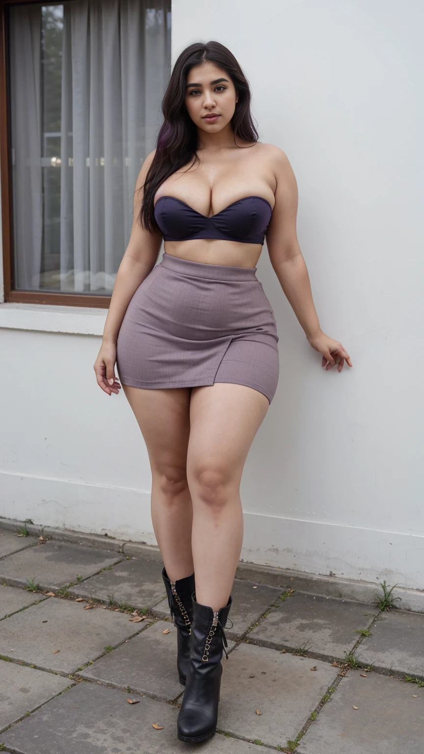 130kg extremely obese woman, abdominal exposure, exposed navel, mini skirt, high heel, earring, necklace, bracelet