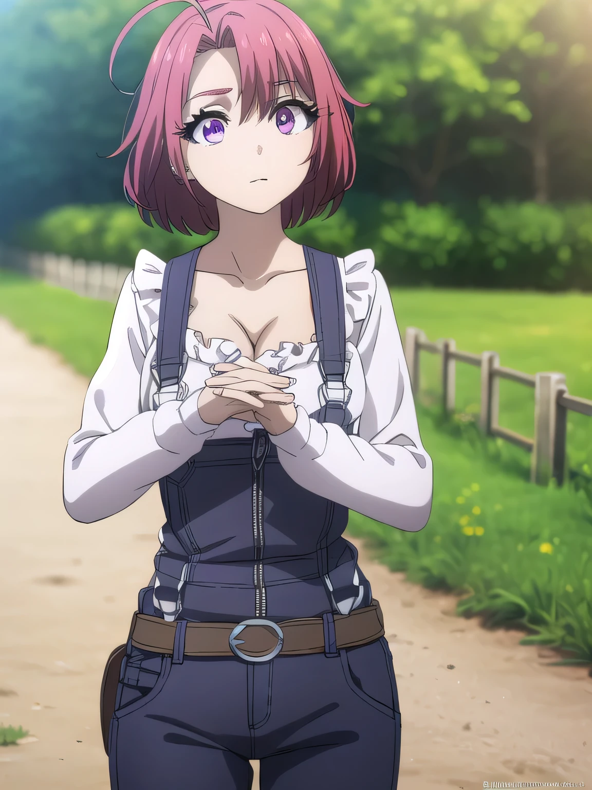 Cowgirl, Ox Woman, Ahoge, Red Hair, ( purple eyes:1.1),  short hair ,
break cleavage, clavicle, frills,  long sleeve , Overalls ,  suspenders,
break outdoors, farm,
break looking at viewer, ( cowboy shot:1.5),
break (masterpiece:1.2), Best Quality,  high resolution on down,  Unity 8K Wallpaper , (Illustration:0.8), ( beautiful detailed eyes :1.6),   very detailed face , perfect lighting,  very detailed CG, (Perfect hands, perfect anatomy),