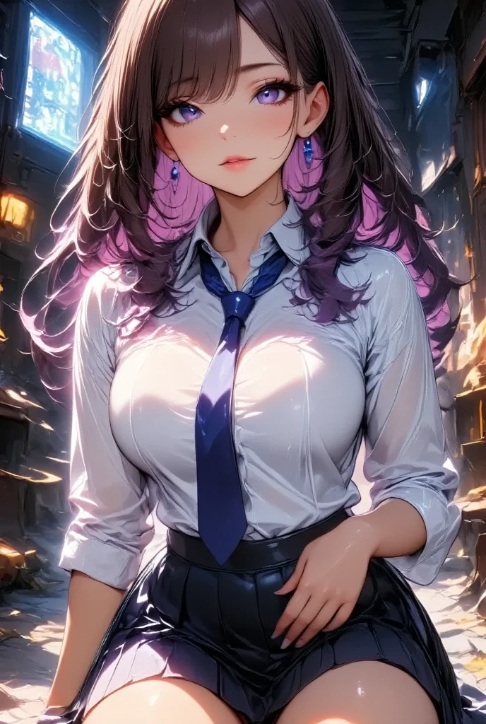 Masterpiece、最high quality、high quality、High definition、High resolution、High detail、Lens flare、Ray Tracing、high qualityのテクスチャー、high qualityの影、Beautiful details、Detailed explanation、Detailed texture、Realistic facial expression、Realistic and colorful、Slender、Cinematic Light、Side light、Sharp Focus、(1 Girl:1.3)、(Intricate details、Makeup、Pure Eros Face_v1:0.5)、(Details Beautiful delicate face、Detailed beautiful delicate eyes、Perfect Facial Proportions、Detailed skin、Charm)、Fancy Twin Tails、Beautiful bangs、(Two-tone gradient hair color)、slender、(Upturned beautiful breasts)、Dress shirt、Crop top、Removing the Sleeve、(Detailed crotch、Open crotch、Showing off your crotch)、Female juice、Have a strong orgasm、Intense pleasure that makes you scream、A slipped white thong、Thighs、mini skirt、Flip up、High slit、Navy blue socks、sneakers、Release your knees、(Leg spread)、(Raise your arms)、Low-angle composition、(Take a deep breath、Work on this image step by step)