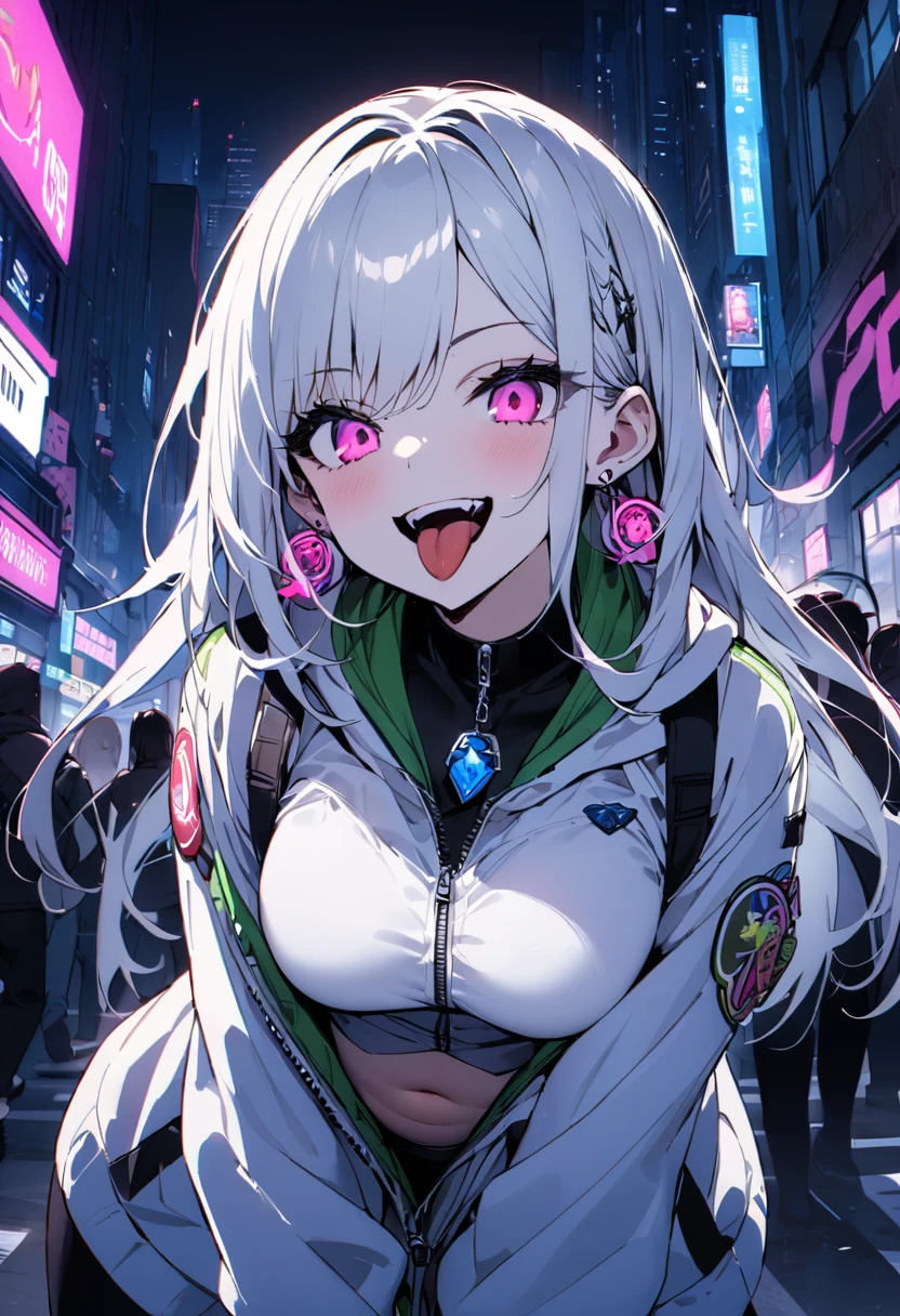 (masterpiece:1.2)、Best Quality、Pixiv、Rebellious Girl、 one girl playing pranks、 open your mouth、鋭いteeth、teeth、Long Hair、City Background、gem、badge、ボタンbadge、Food、Pink Eyes、 earrings for a woman alone、 jacket、eyelash、Foodを下にして、star (symbol)、 upper body、 dressed character with the hood down 、zipper、 color、cable、Lock、tongue、stickers、 hoodie、smile、spike、 focusing on the audience 、長いtongue、Chest in the center、Shoulder Bare、belly button、Black and white hair color, lean forward, cyberpunk city,Night view, black and white gray costume