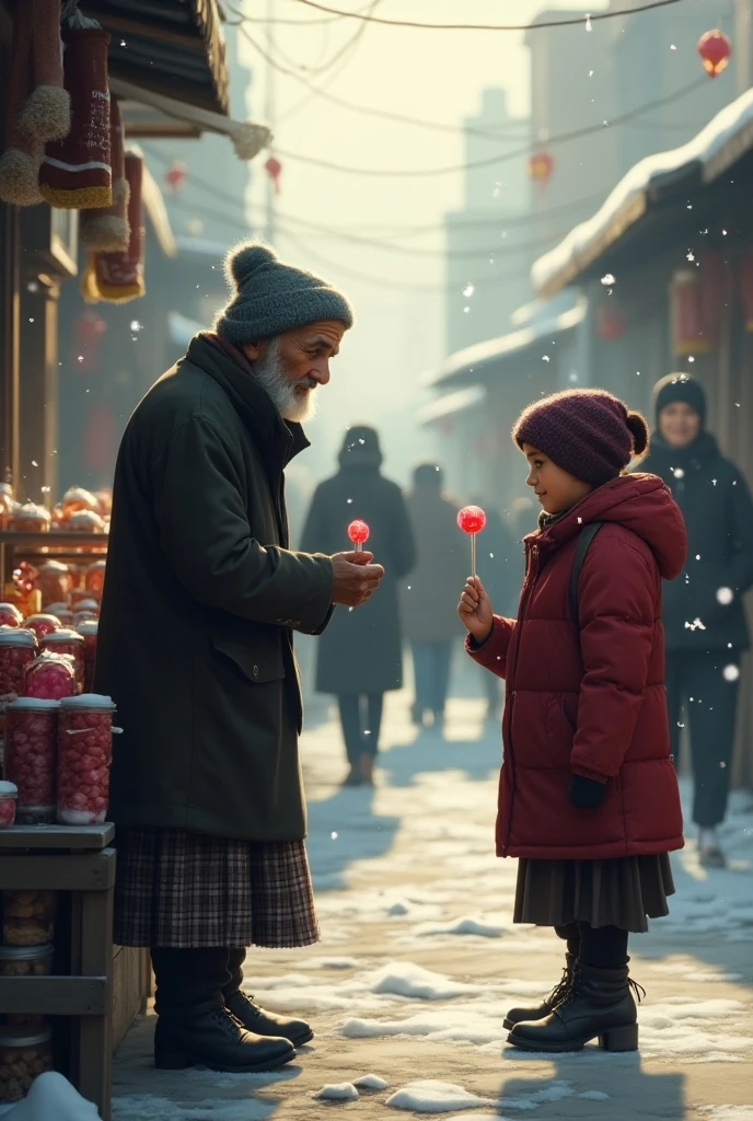 At Christmas, A child again gives alms to a crowd of homeless old people, Homeless men are dingy, The child's face is full of love、Help others