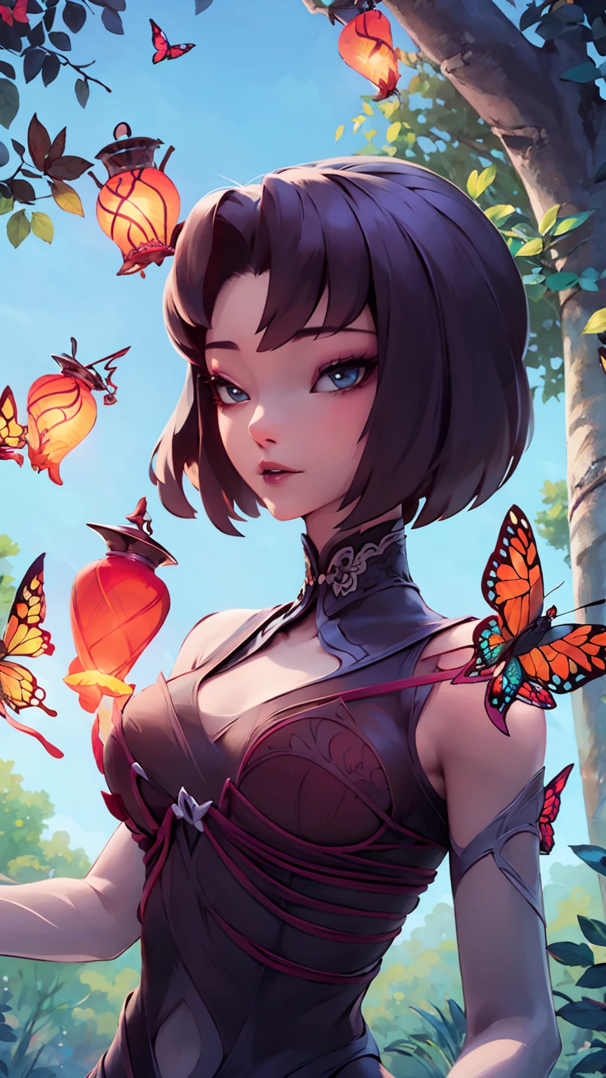 short hair, butterfly in hair, butterflies, lantern of butterflies, thin physique, beautiful face, beautiful body, breasts, waist, top view, against the background of trees and forest, beautiful figure, perfect body, tight dress, detail, beautiful eyes, hair flying in the wind, 