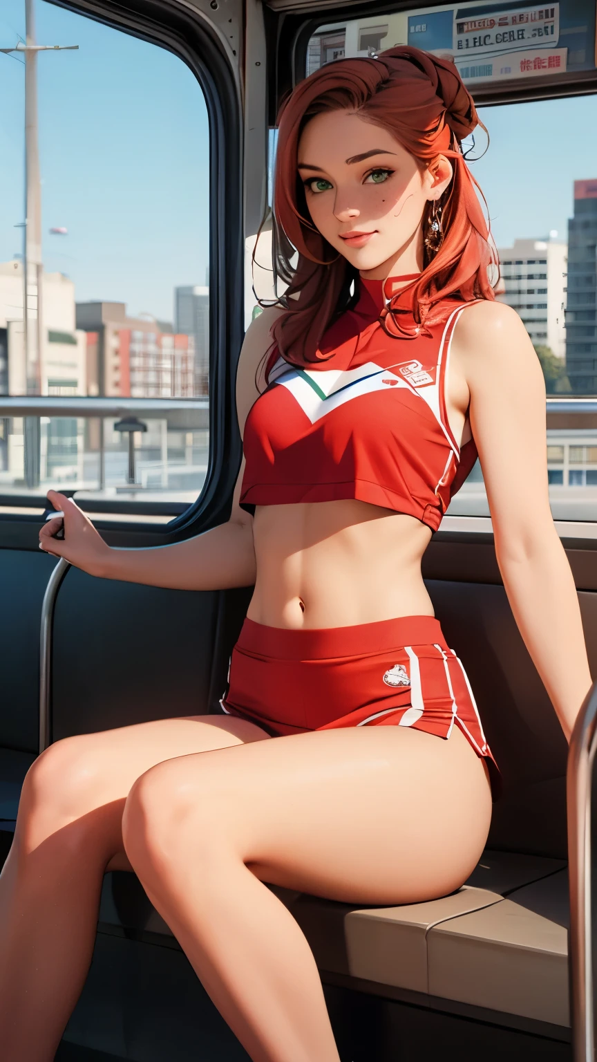 (Two Women), (Twins), americana, both : Age 25, nsfw, pale skin and freckles, green eyes, delicate nose, soft and delicate lips, far away, red orange hair in a double bun, large smile, face with delicate feminine facial features, highly rendered face, they both wear red and white cheerleader outfit, midriff, they are sitting next to one another inside a bus downtown. They are Looking at the camera. Full body shot.