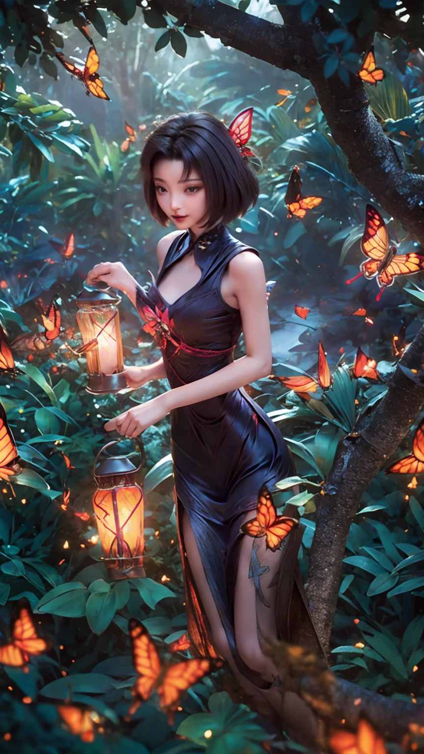 short hair, butterfly in hair, butterflies, lantern of butterflies, thin physique, beautiful face, beautiful body, breasts, waist, top view, against the background of trees and forest, beautiful figure, perfect body, tight dress, detail, beautiful eyes, hair flying in the wind, 