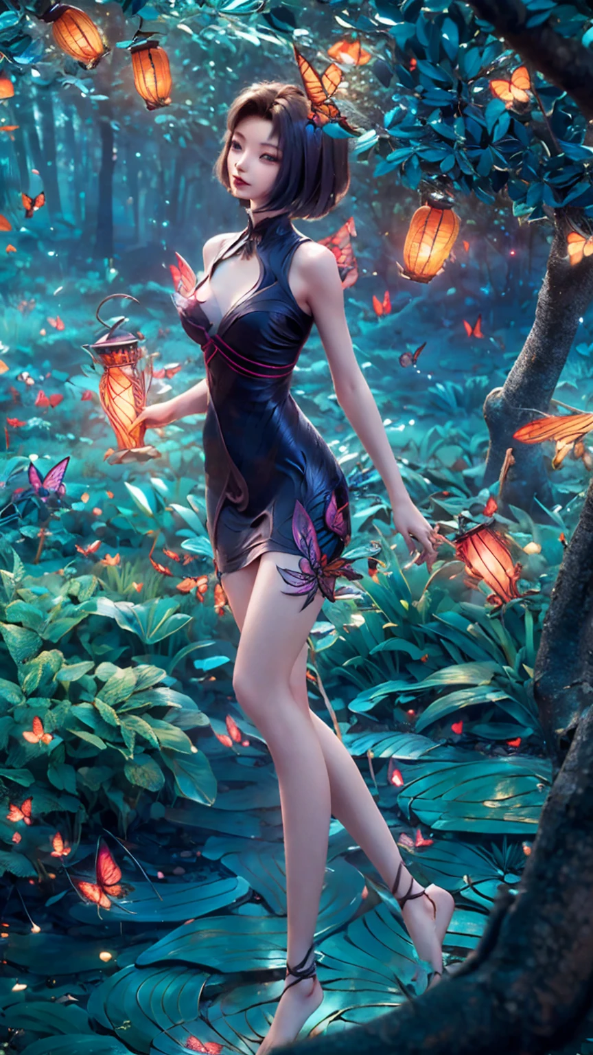 short hair, butterfly in hair, butterflies, lantern of butterflies, thin physique, beautiful face, beautiful body, breasts, waist, top view, against the background of trees and forest, beautiful figure, perfect body, tight dress, detail, beautiful eyes, hair flying in the wind, sexy girl, legs, naked legs