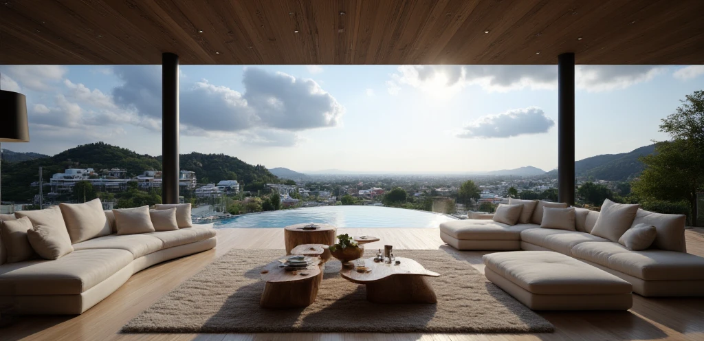 Scene of a very luxurious futuristic house from the inside with all kinds of luxurious futuristic furniture ,  you can see a balcony overlooking a futuristic city with natural pools and round futuristic buildings,  in the background an epic sky , octane render, 8K, dramatic light, Soft light, blue lens flare , (wide angle)