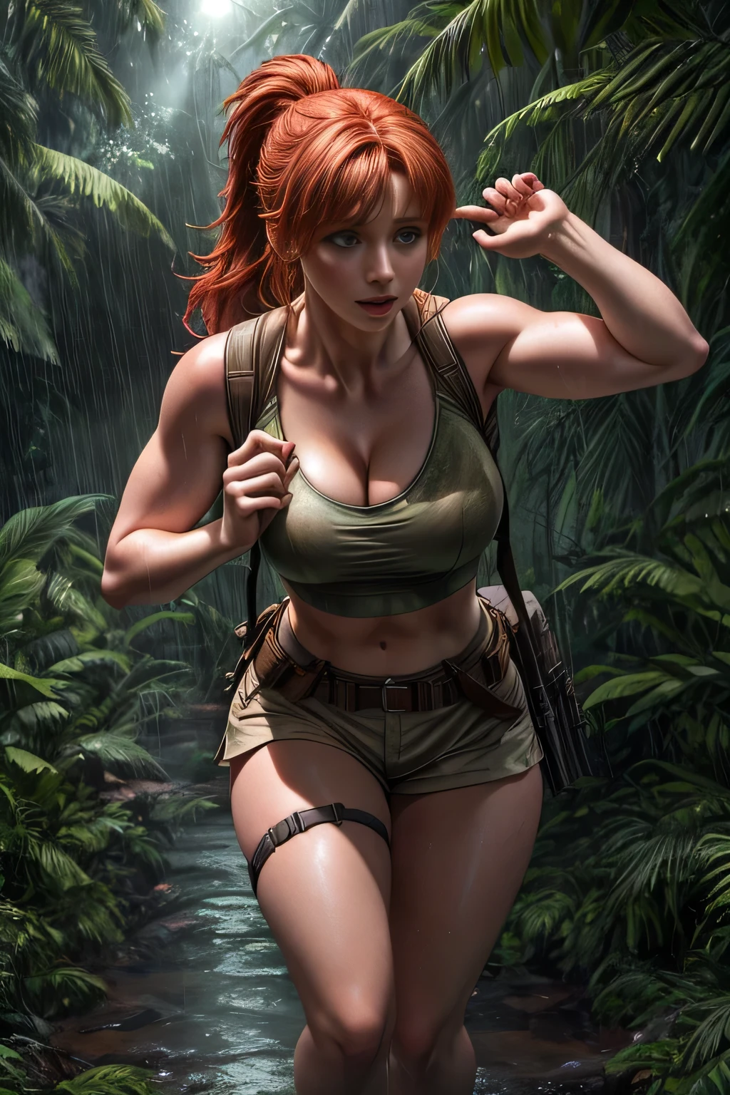 Full body Cinematic lighting Ray tracing Backlight Stunning detail Ultra detailed (8K) High resolution Pixar 3D animation style Red-haired woman with high ponytail Sleeveless white athletic crop top Beige hunter-style cargo shorts Two dual-pocket storage bags strapped to thighs (secured with nylon straps) Short leather boots Round face, pale skin, freckles Round earrings Medium chest, cleavage Small hips Running through tropical jungle at night Heavy rain, wet body, soaked clothes Moonlit night, shadows and glimmers Frightened expression (1.7) Inspired by Jurassic World (2015), Bryce Dallas Howard Dynamic shot Panic and fear in a deserted tropical jungle