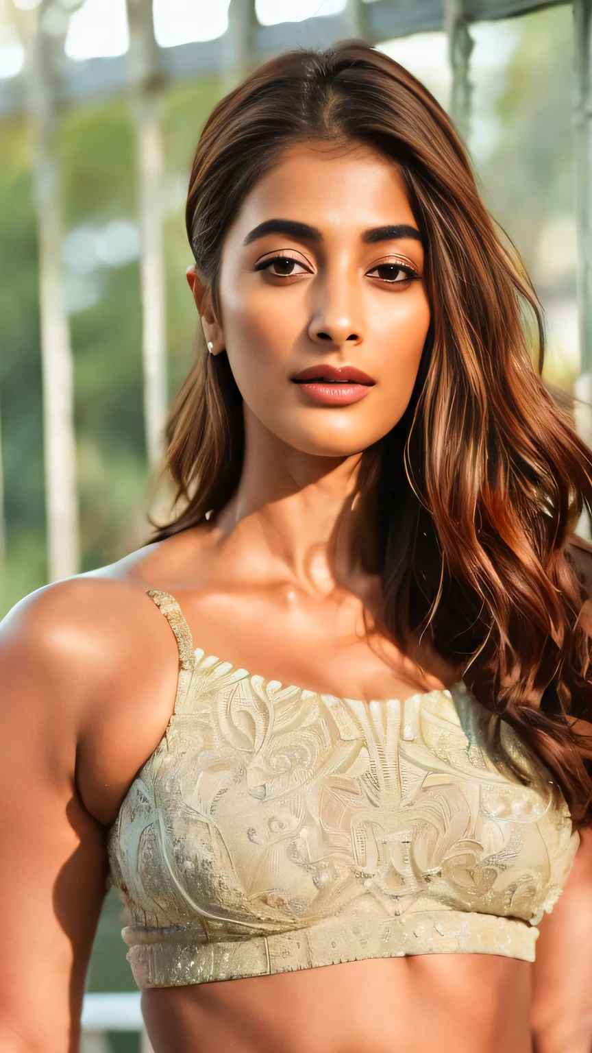 No make up, average size woman, cool temperature,body close up photo of naked Pooja hegde,slim,sexiest crop top, outdoor,  intricate details, cold , lean eyebrow, pooja hegde,pooja1, free shaggy hair,(( fair skin)), cold room