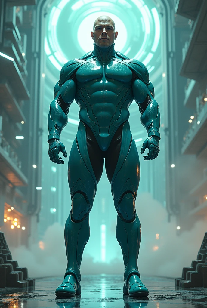((Full body image)) Cyborg hero, metalic black bodysuit, muscular, handsome man, covered erect, covered abs, bodybuilder, huge, superbodybuilder. muscle morph, hunk pecs, spaceship (((Mexican ethnicity))). ((Back)) huge, firm muscular thighs, round buttocks and round butt with back, huge ((Huge buttocks)).
