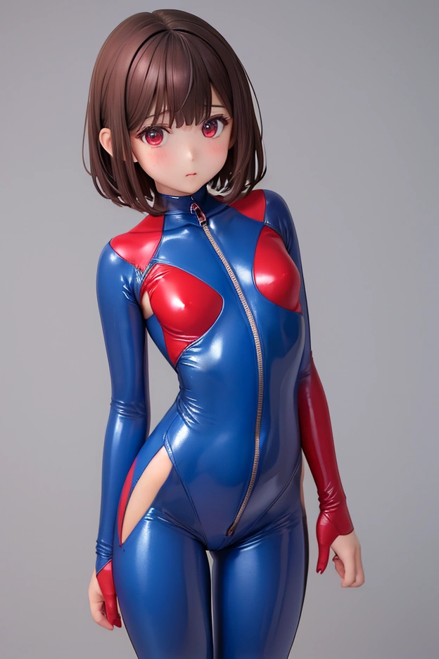 A young girl with short straight brown hair , Thin and small breasts, Front zipper with 、Tight suit、 Long Sleeve 、High collar、 and the entire suit is made of blue rubber with red sidelines。,  extends from leg to sleeve from collarbone to chest , red color