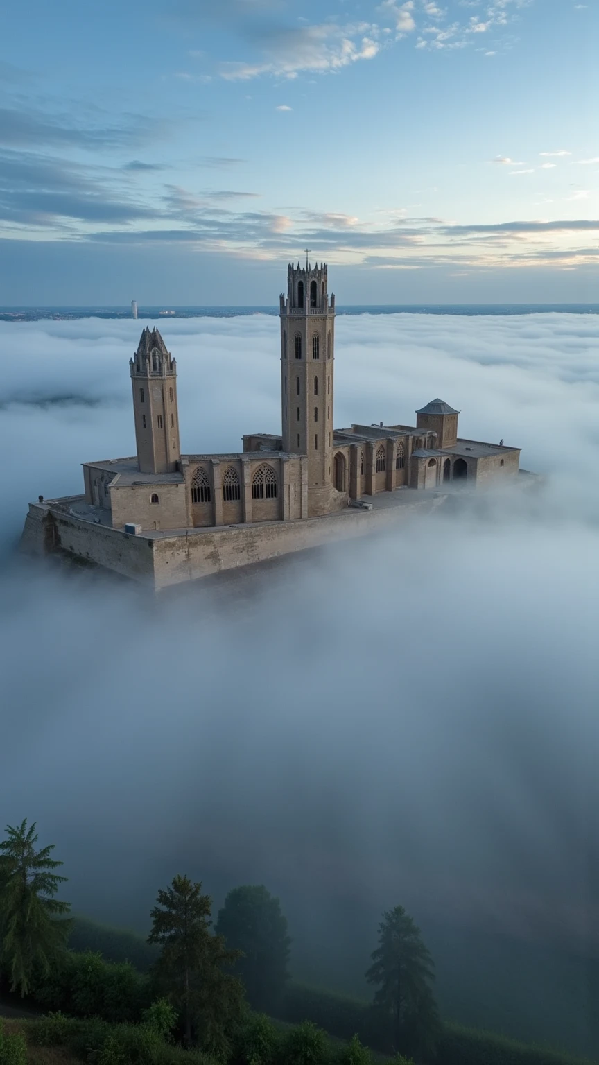 Create a hyper-realistic, cinematic aerial image of the Seu Vella Cathedral emerging from a thick, dense fog. The ancient stone structure rises majestically above the mist, with only the upper towers and spires visible, adding a mysterious and awe-inspiring effect. The fog blankets the surrounding landscape, giving the impression that the cathedral is floating above the clouds. The lighting is dramatic, with soft, ambient light filtering through the fog, casting subtle highlights on the cathedral's intricate architecture. The scene is breathtaking, capturing the grandeur and timeless beauty of the cathedral against the ethereal, fog-filled background