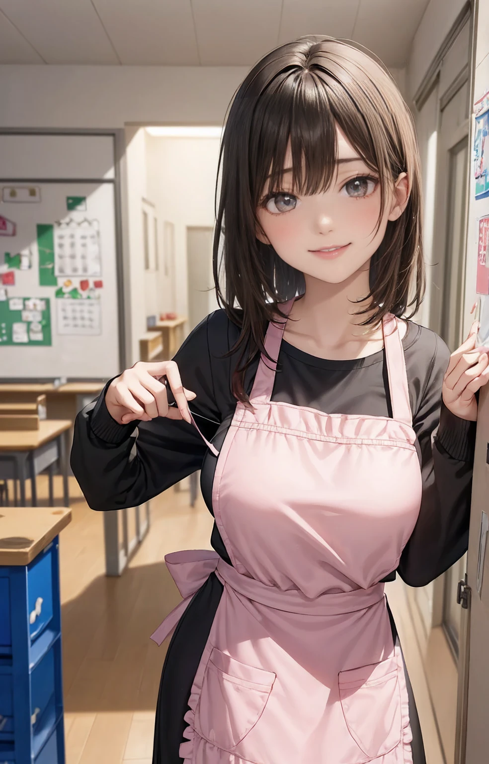 (kindergarten teacher, pink apron, kindergarten:1.3), (adult women:1.5),large breasts,

(in the s room:1.2), ren’s toy, in the daytime,
gentle smile