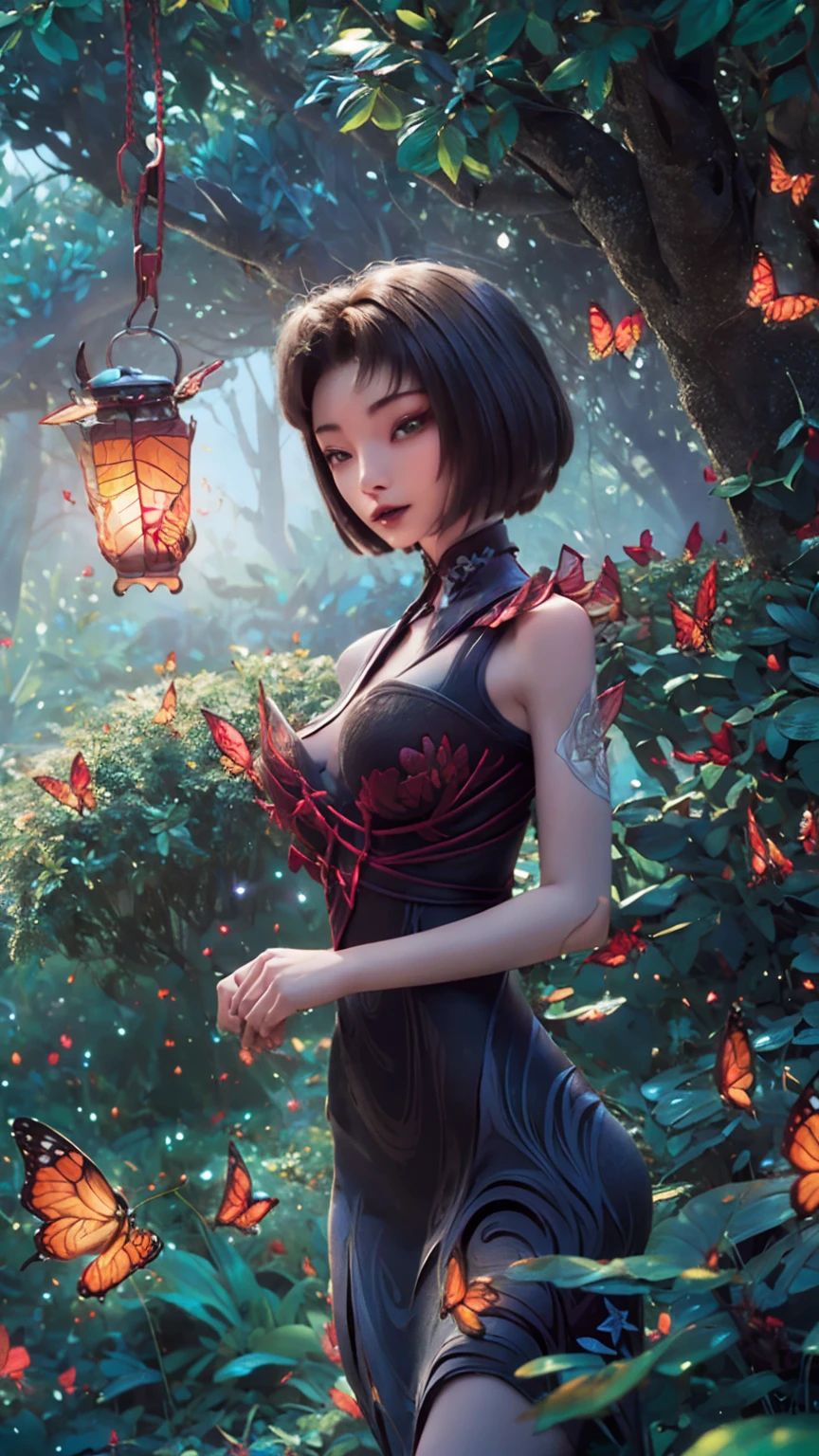 short hair, butterfly in hair, butterflies, lantern of butterflies, thin physique, beautiful face, beautiful body, breasts, waist, top view, against the background of trees and forest, beautiful figure, perfect body, tight dress, detail, beautiful eyes, hair flying in the wind, big tits