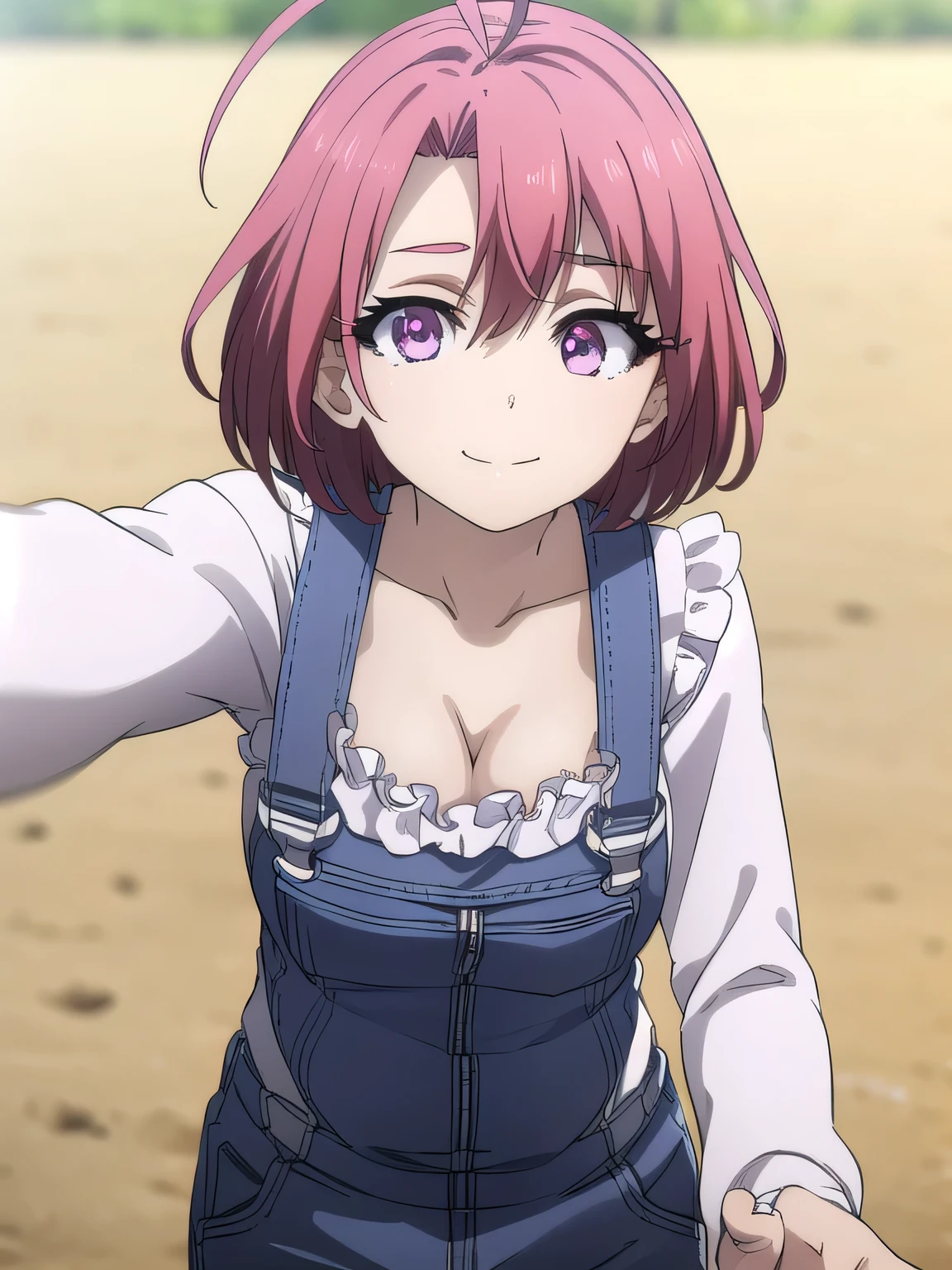 Cowgirl, Ox Woman, Ahoge, Red Hair, ( purple eyes:1.1),  short hair ,
break cleavage, clavicle, frills,  long sleeve , Overalls ,  suspenders,Pregnant women,smile,
break outdoors, farm,
break looking at viewer, ( cowboy shot:1.5),
break (masterpiece:1.2), Best Quality,  high resolution on down,  Unity 8K Wallpaper , (Illustration:0.8), ( beautiful detailed eyes :1.6),   very detailed face , perfect lighting,  very detailed CG, (Perfect hands, perfect anatomy),