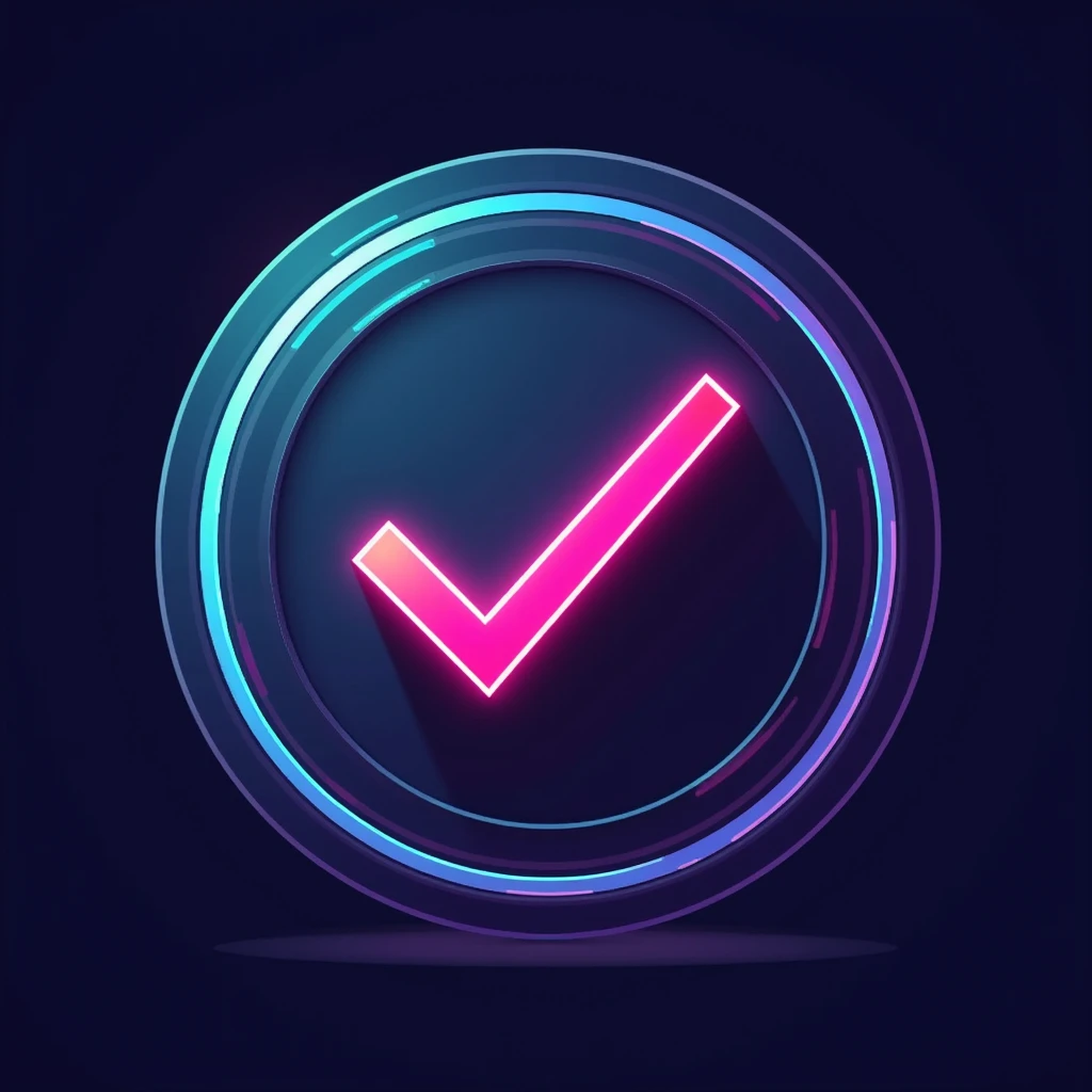 Create a verification badge with a unique and modern design, featuring a prominent checkmark. The badge should be circular with a vibrant color scheme such as neon pink, blue, or green, and should include text indicating verification, such as 'Verified' or 'Official'. The style should be sleek, professional, and suitable for use as a verification symbol for social media or online platforms. verificada